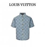 1V Damier 3D Light Denim Short-Sleeved Shirt