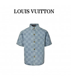 1V Damier 3D Light Denim Short-Sleeved Shirt