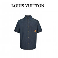 1V Short-Sleeved Cotton Chambray Shirt
