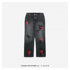 Chr*me Hearts Cross Patch Jeans in Black/Red