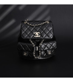 Ch*nel Shiny Caviar Quilted Small Duma Pockets Drawstring Backpack Black 