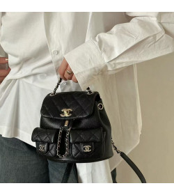 Ch*nel Shiny Caviar Quilted Small Duma Pockets Drawstring Backpack Black 