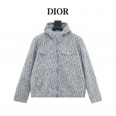 DR Zip-Up Hooded Down Jacket Stonewashed Cotton Denim with DR Oblique Jacquard
