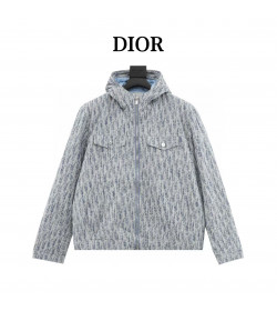 DR Zip-Up Hooded Down Jacket Stonewashed Cotton Denim with DR Oblique Jacquard