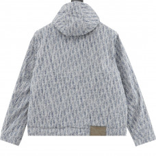 DR Zip-Up Hooded Down Jacket Stonewashed Cotton Denim with DR Oblique Jacquard