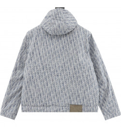 DR Zip-Up Hooded Down Jacket Stonewashed Cotton Denim with DR Oblique Jacquard