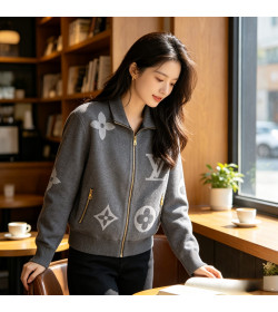 Louis Vuitton Oversized Logo Jacquard Stand Collar Knit Jacket