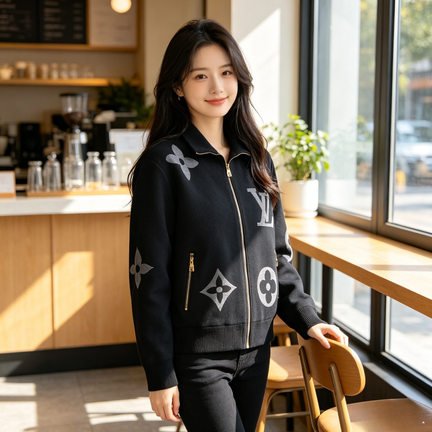 Louis Vuitton Oversized Logo Jacquard Stand Collar Knit Jacket