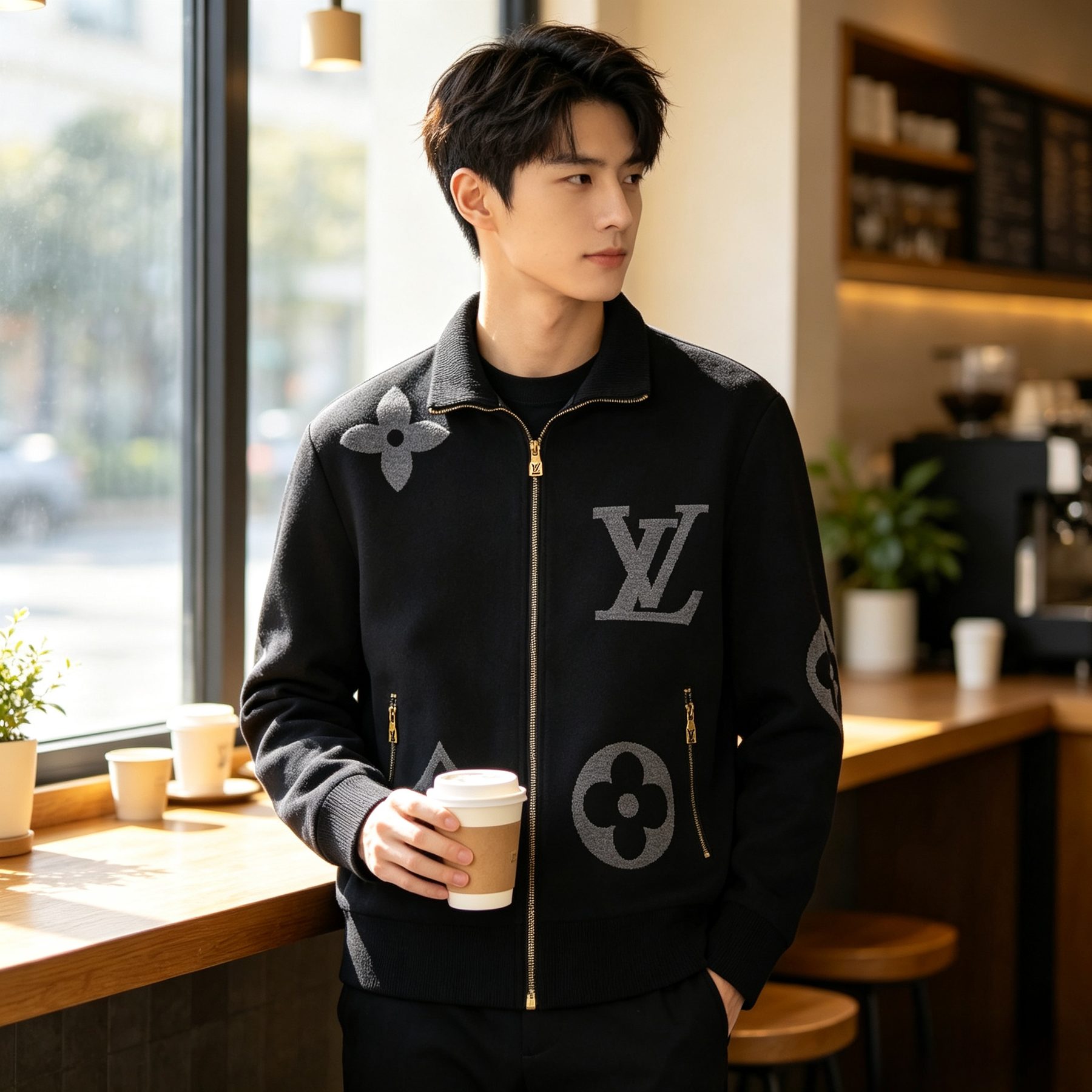 Louis Vuitton Oversized Logo Jacquard Stand Collar Knit Jacket