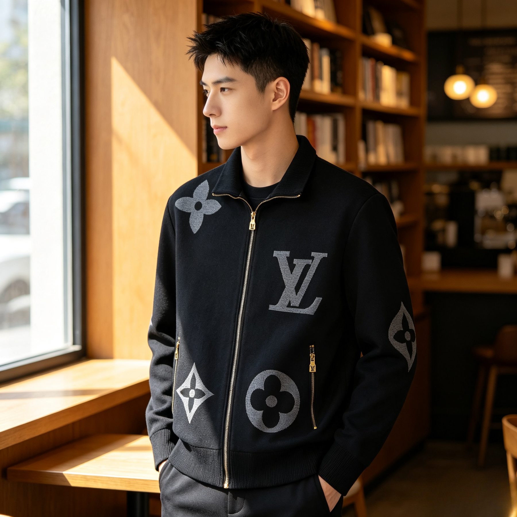 Louis Vuitton Oversized Logo Jacquard Stand Collar Knit Jacket