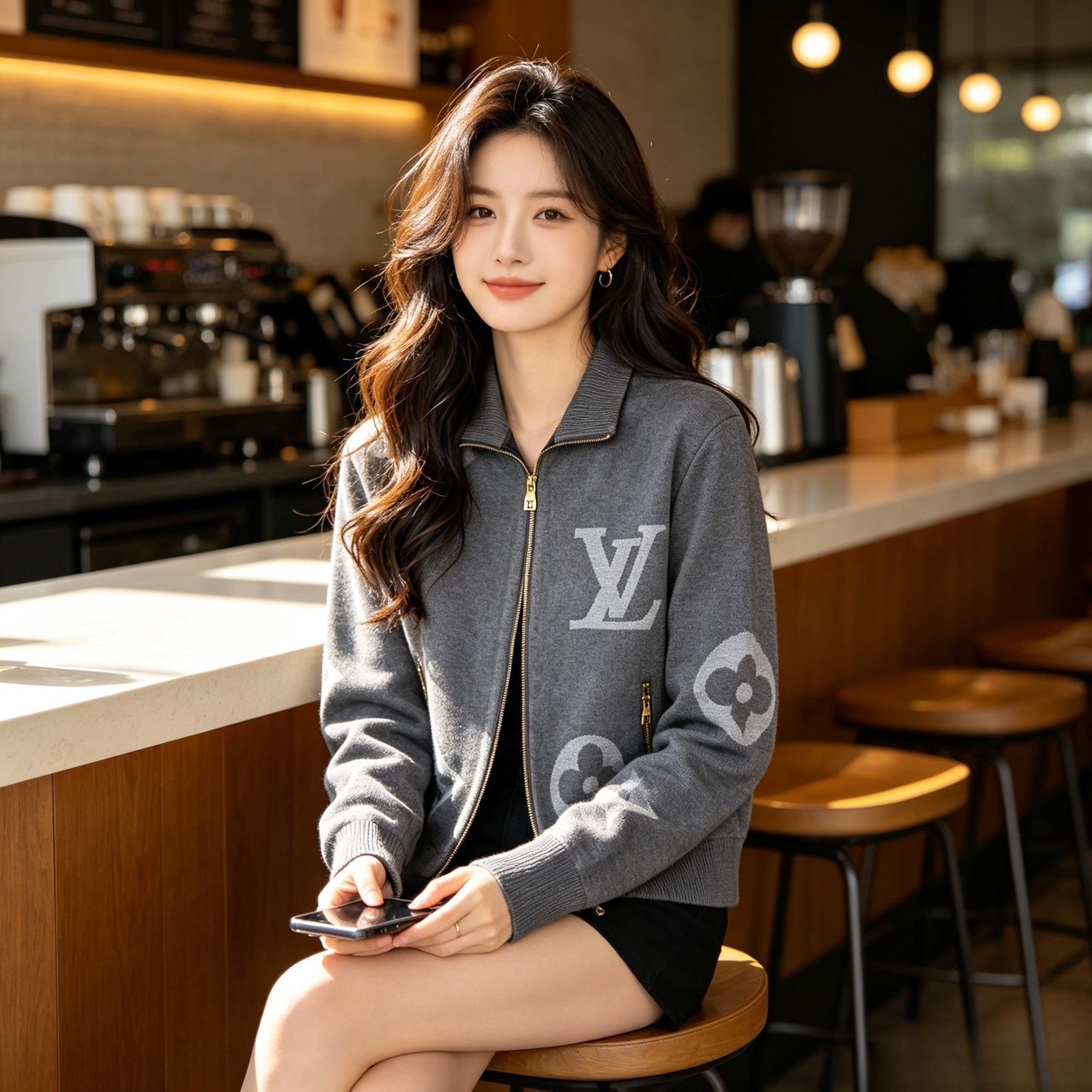 Louis Vuitton Oversized Logo Jacquard Stand Collar Knit Jacket