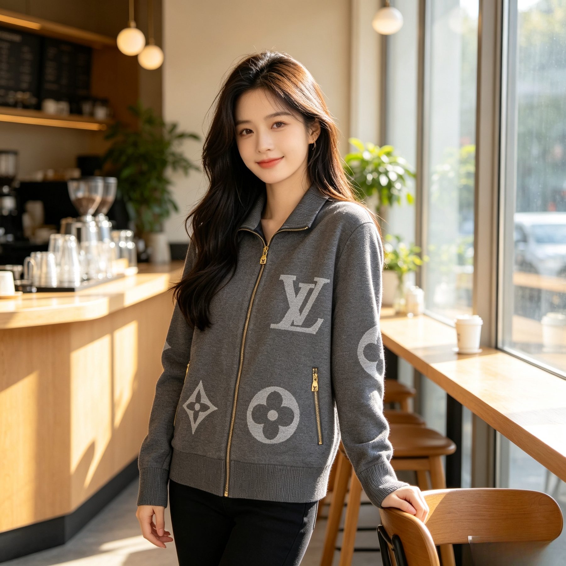 Louis Vuitton Oversized Logo Jacquard Stand Collar Knit Jacket