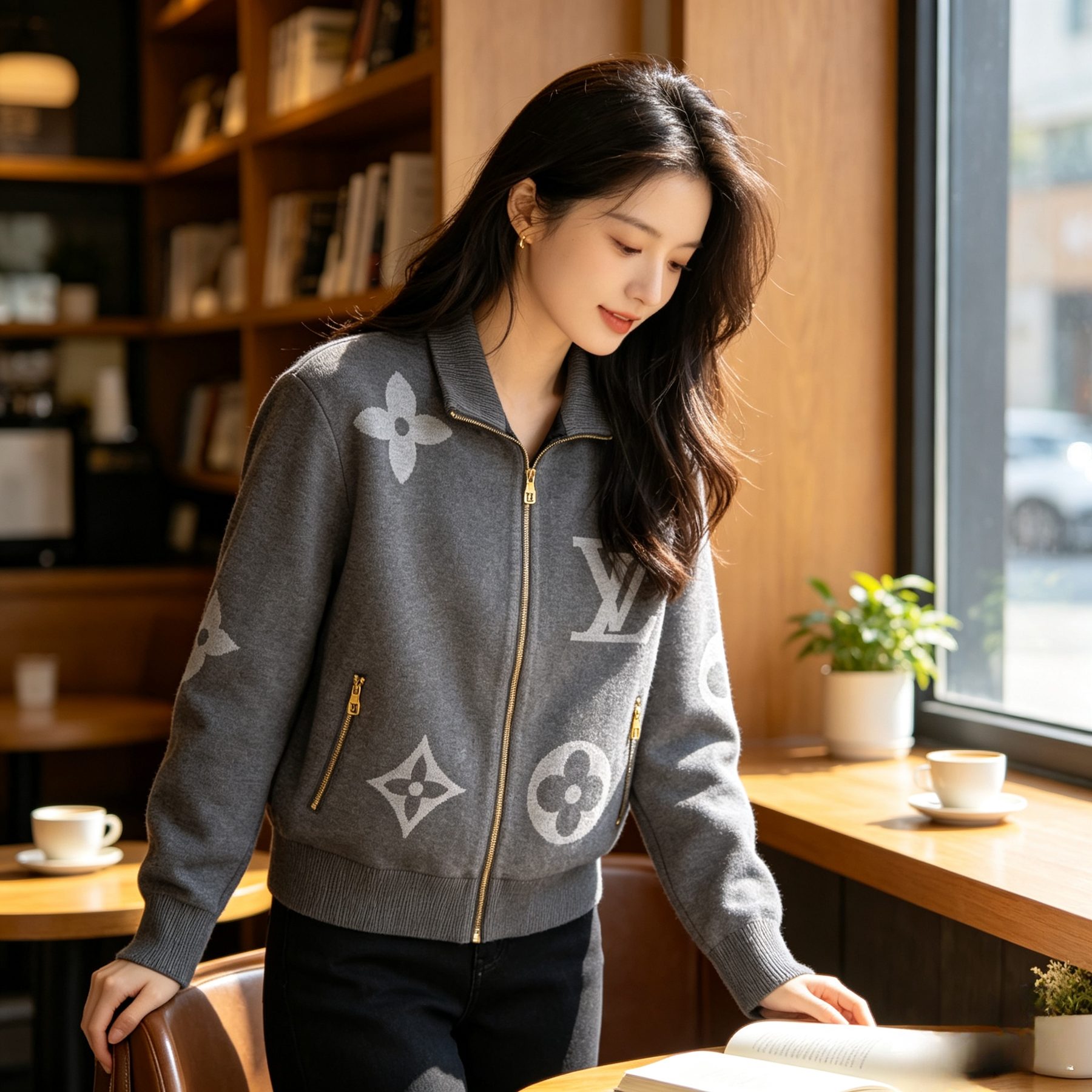 Louis Vuitton Oversized Logo Jacquard Stand Collar Knit Jacket