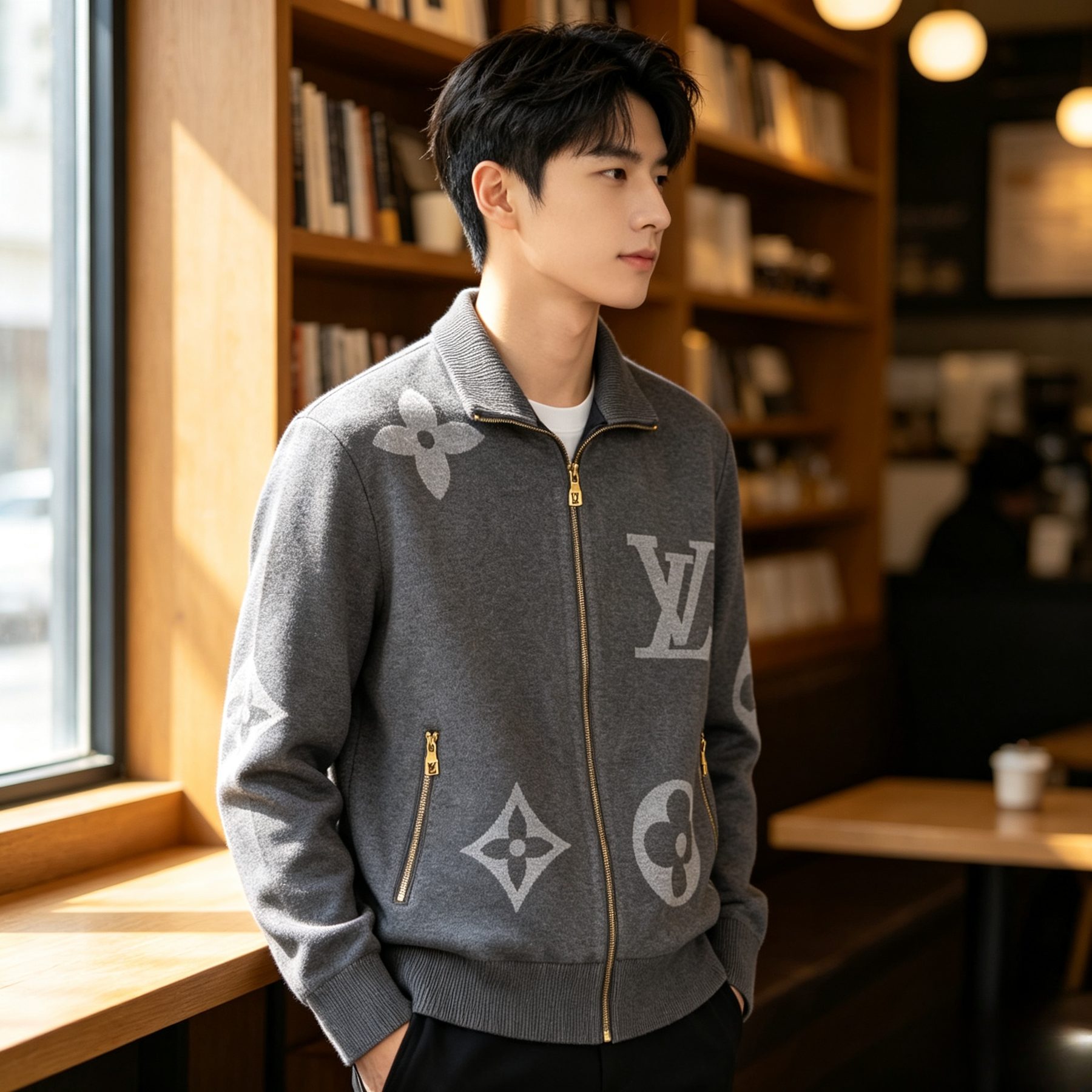 Louis Vuitton Oversized Logo Jacquard Stand Collar Knit Jacket