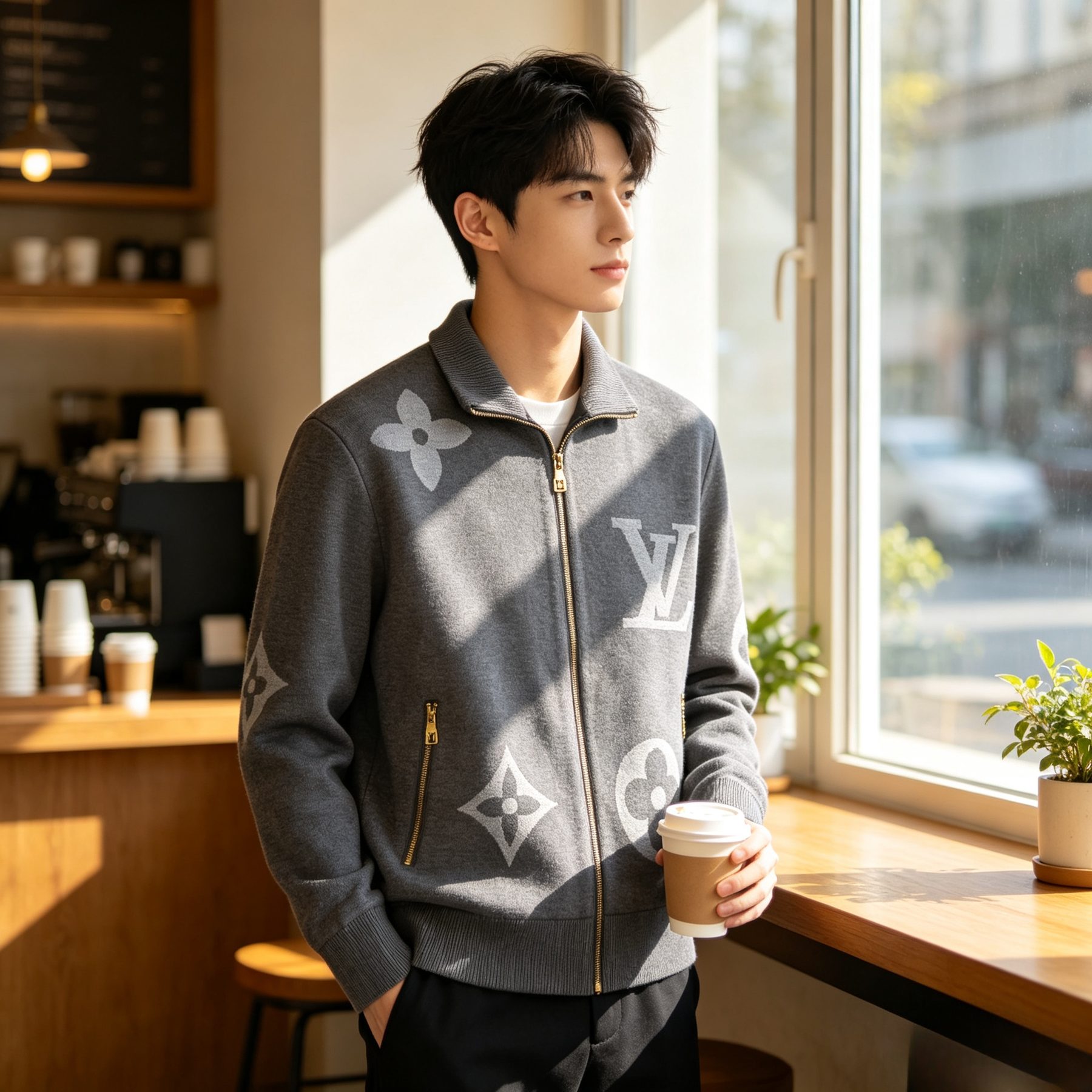 Louis Vuitton Oversized Logo Jacquard Stand Collar Knit Jacket