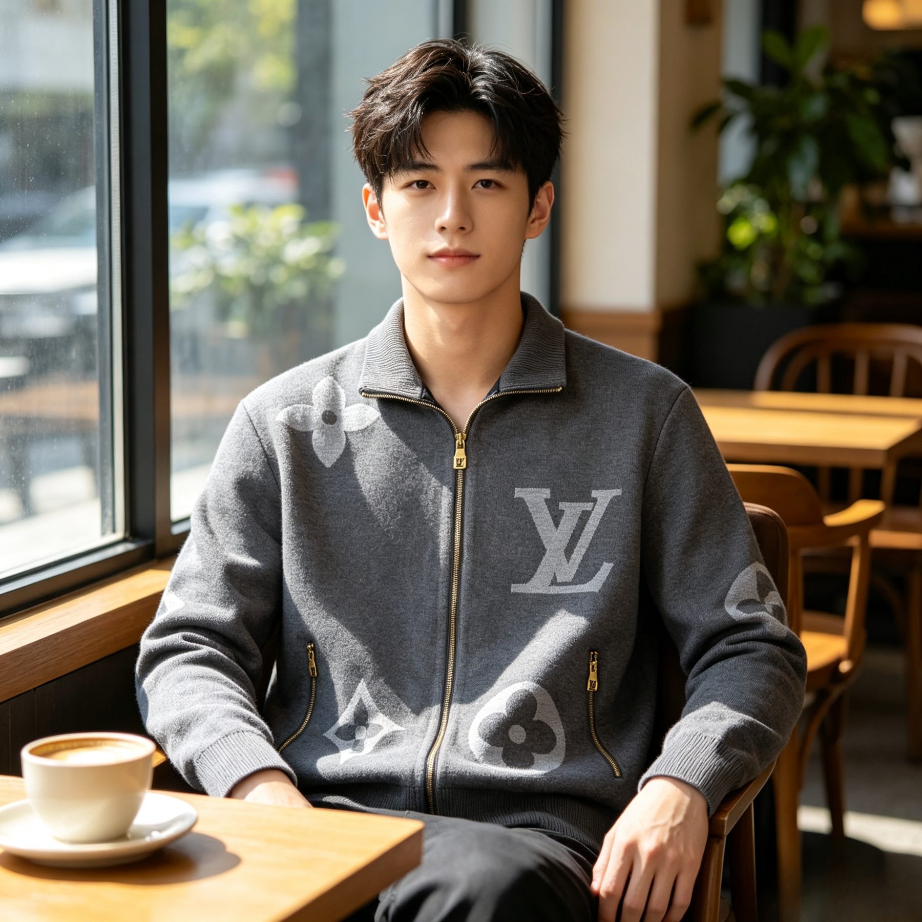 Louis Vuitton Oversized Logo Jacquard Stand Collar Knit Jacket