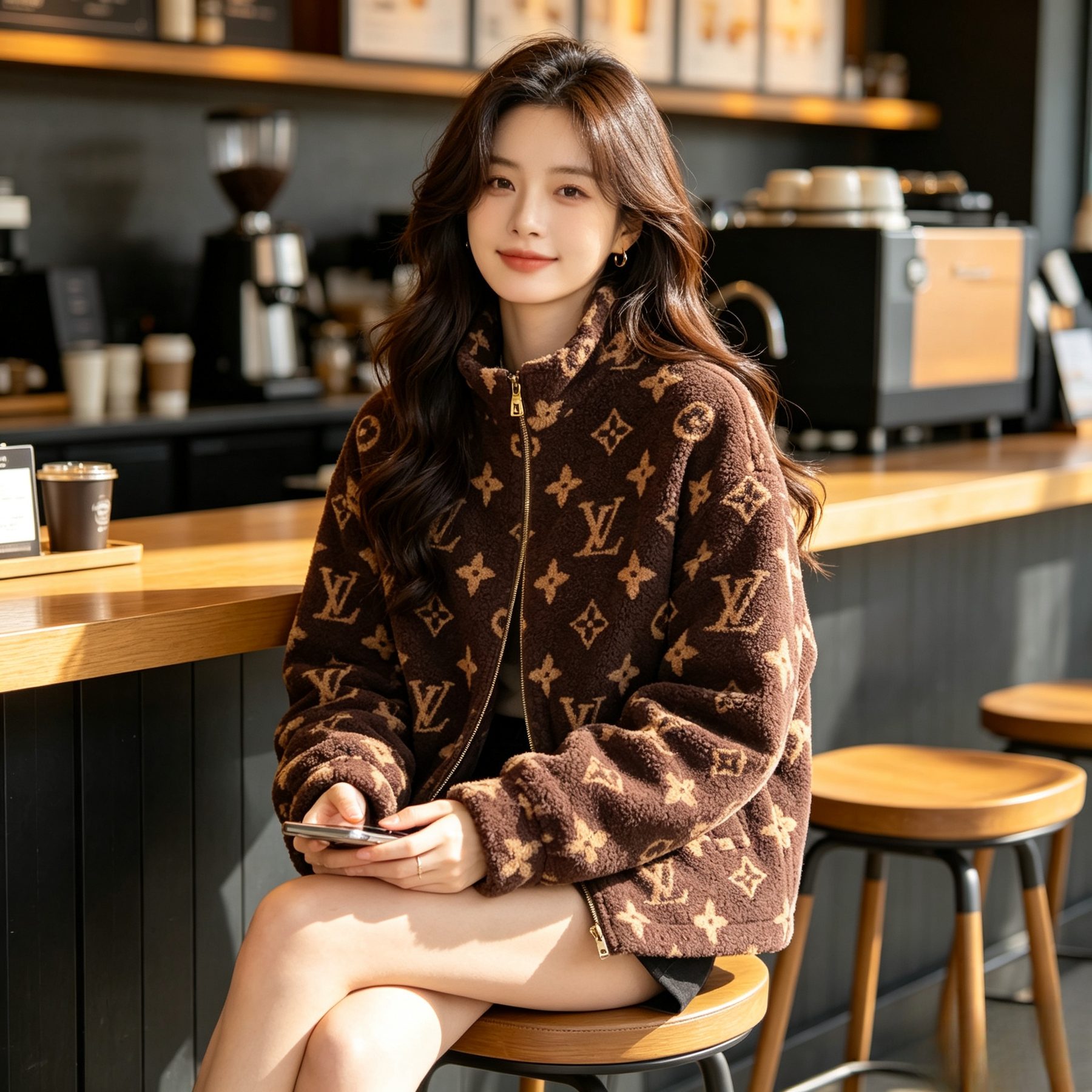 Louis Vuitton Dark Brown Monogram Teddy Fleece Stand Collar Jacket