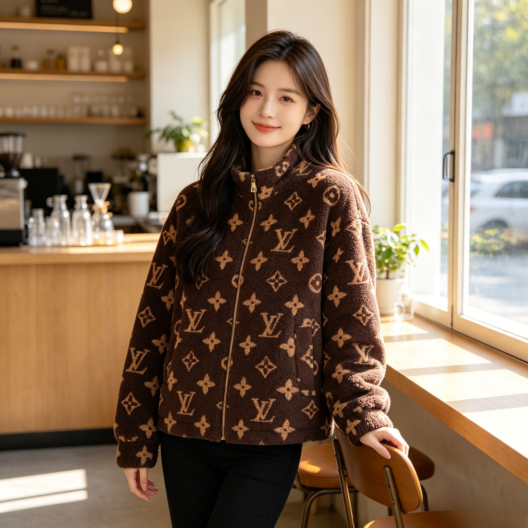 Louis Vuitton Dark Brown Monogram Teddy Fleece Stand Collar Jacket