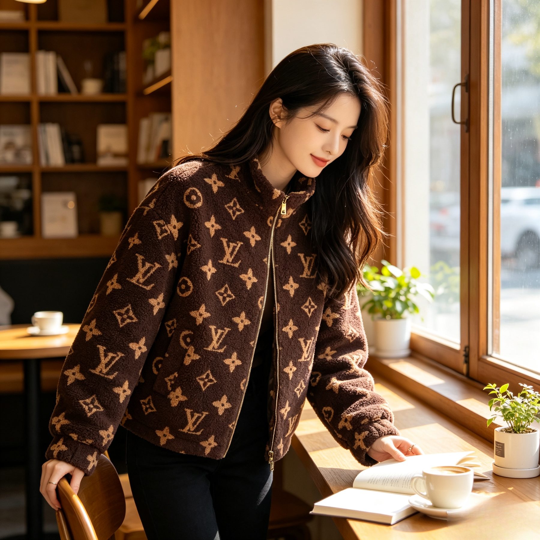 Louis Vuitton Dark Brown Monogram Teddy Fleece Stand Collar Jacket