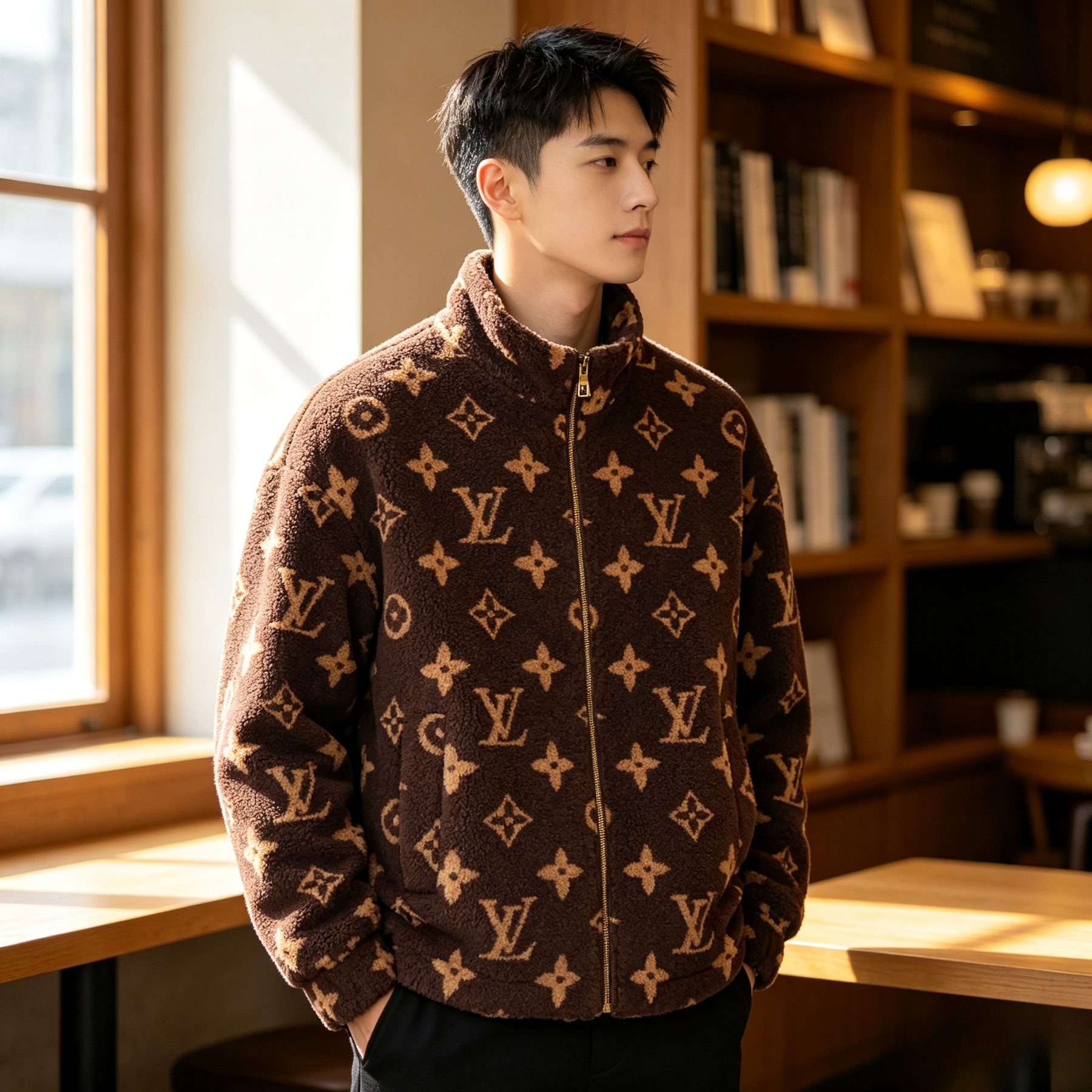 Louis Vuitton Dark Brown Monogram Teddy Fleece Stand Collar Jacket