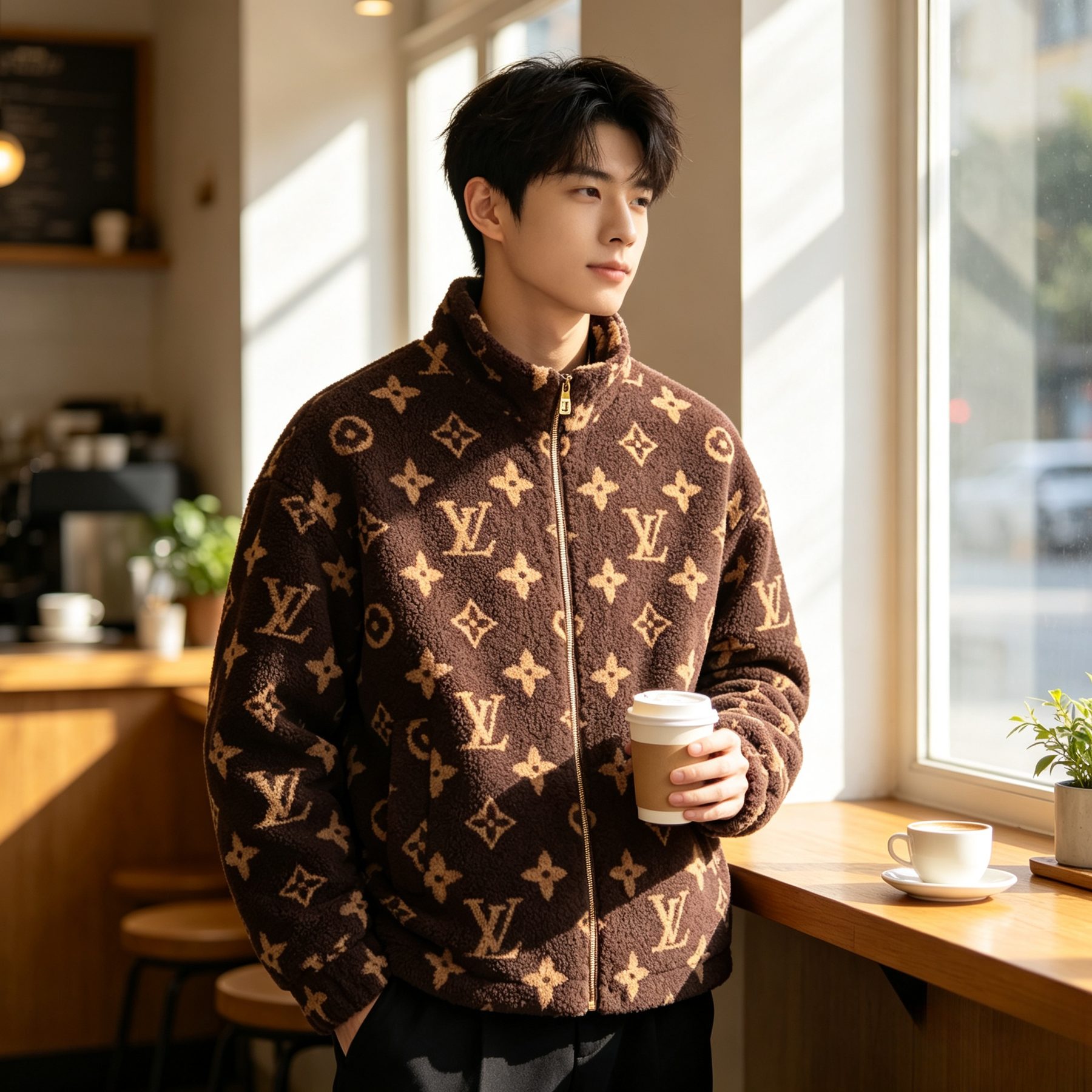 Louis Vuitton Dark Brown Monogram Teddy Fleece Stand Collar Jacket