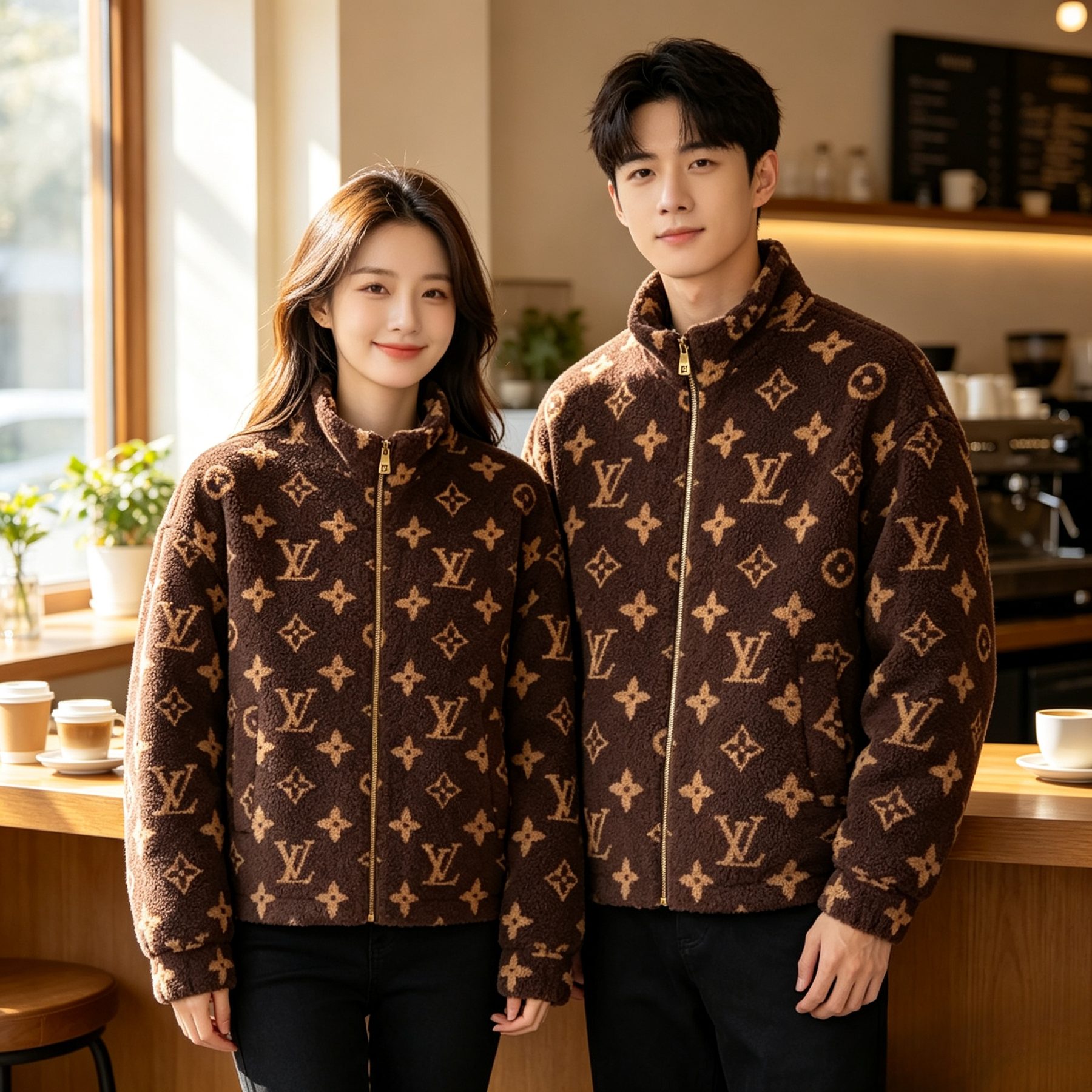 Louis Vuitton Dark Brown Monogram Teddy Fleece Stand Collar Jacket