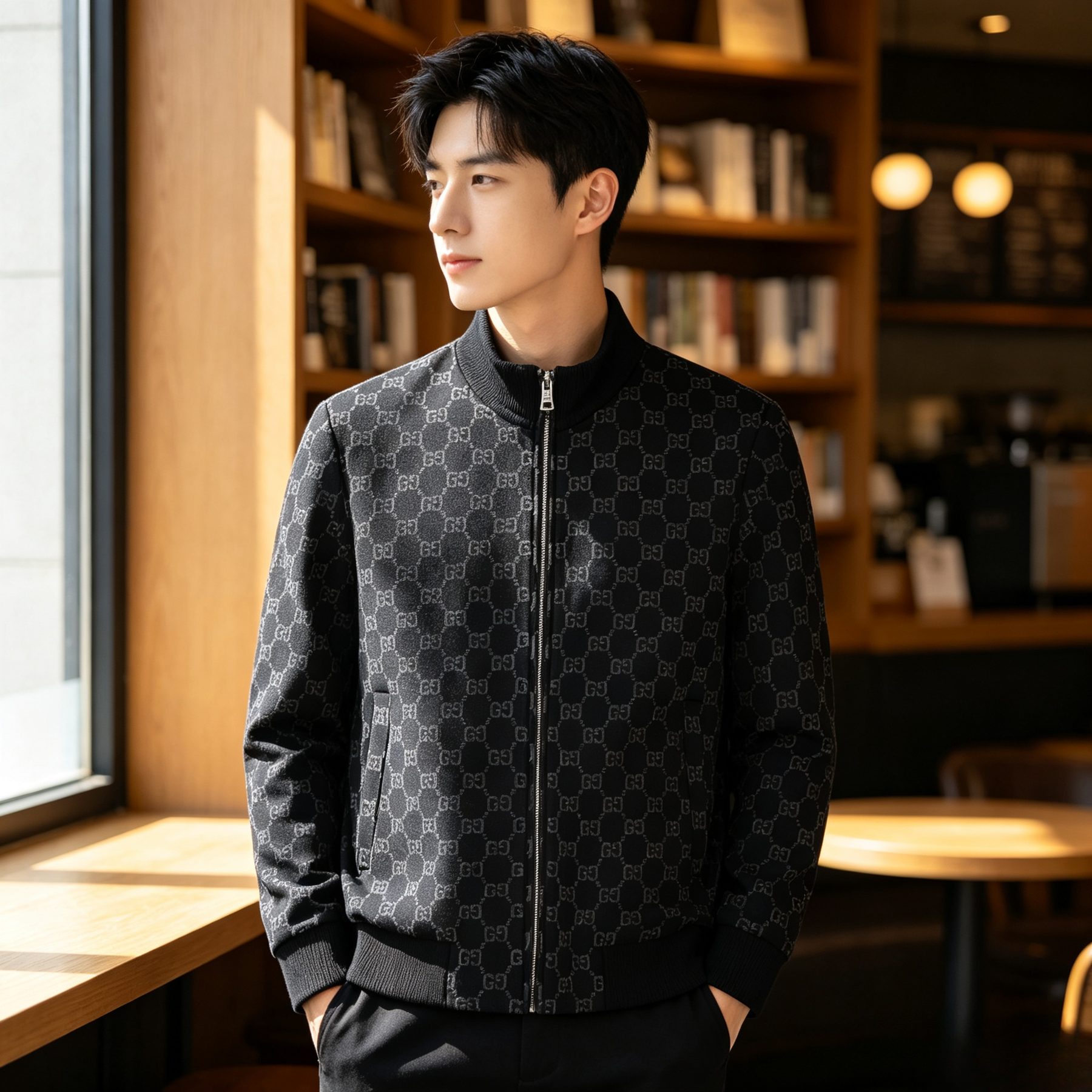 Gucci GG Monogram Jacquard Knit Baseball Collar Jacket