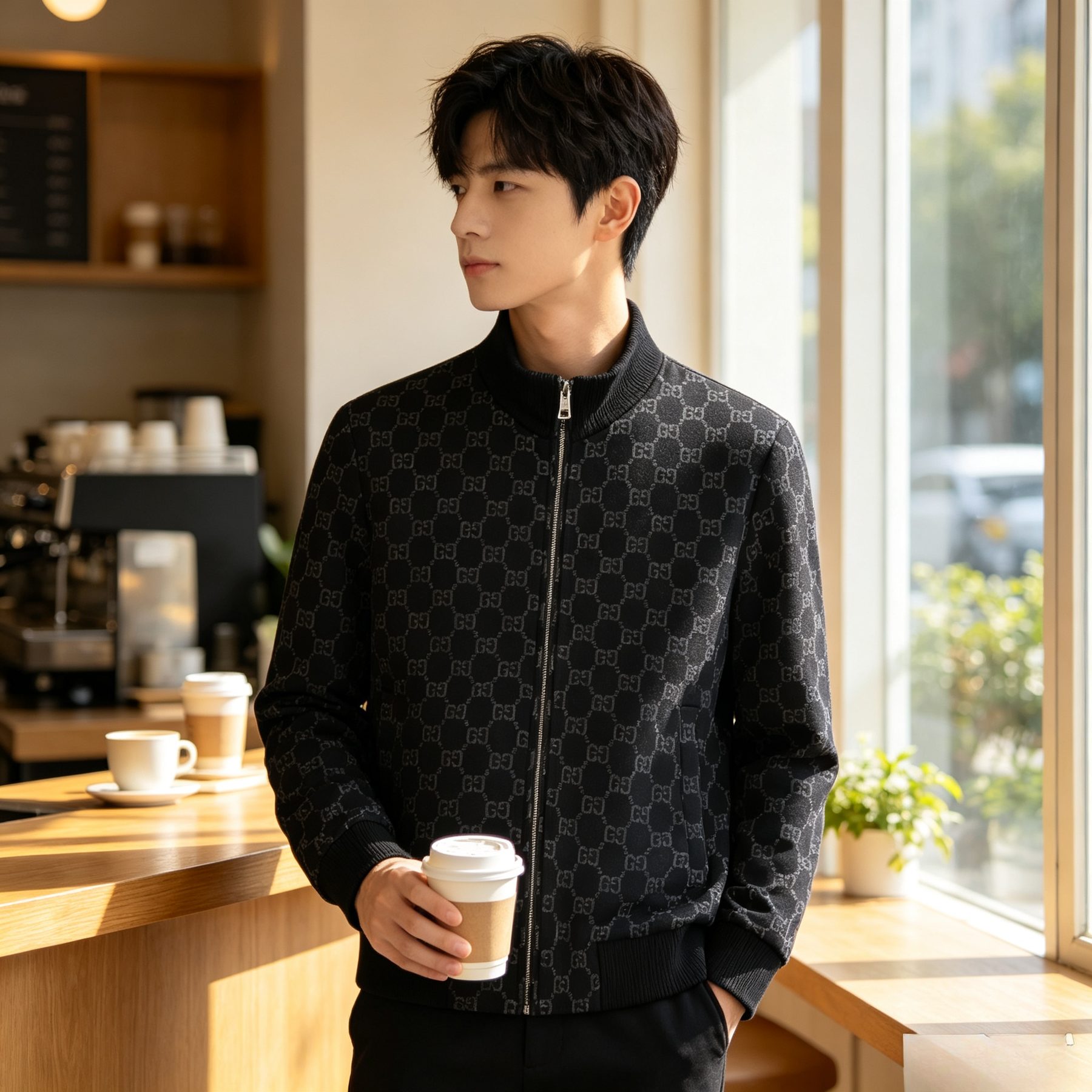 Gucci GG Monogram Jacquard Knit Baseball Collar Jacket