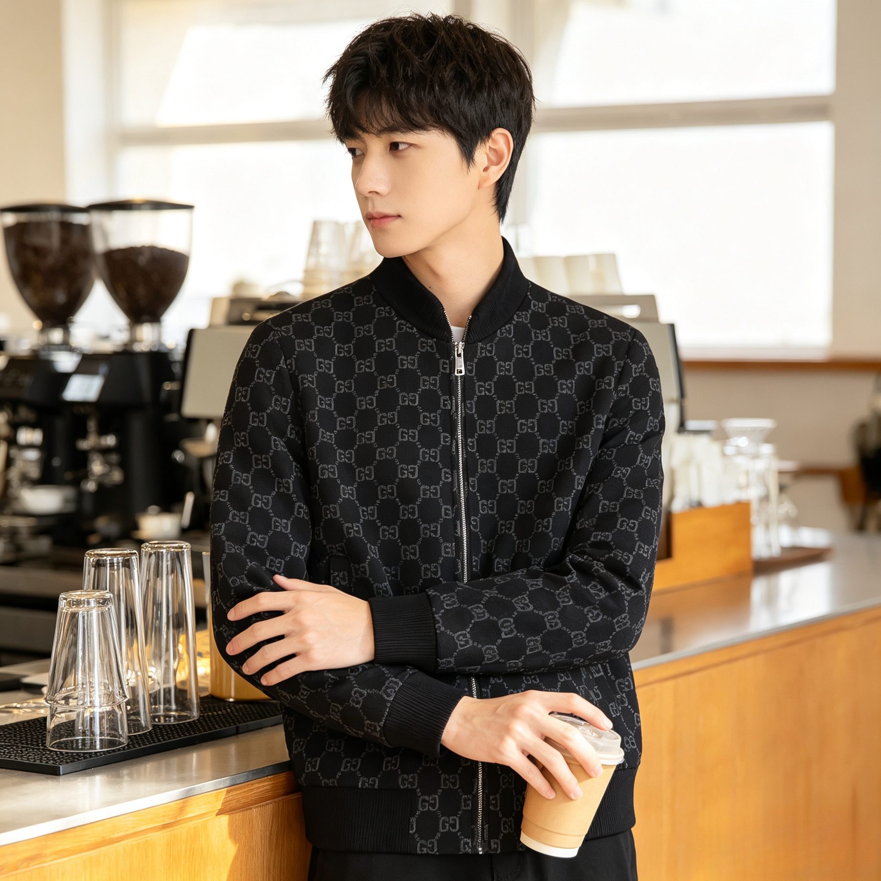 Gucci GG Monogram Jacquard Knit Baseball Collar Jacket