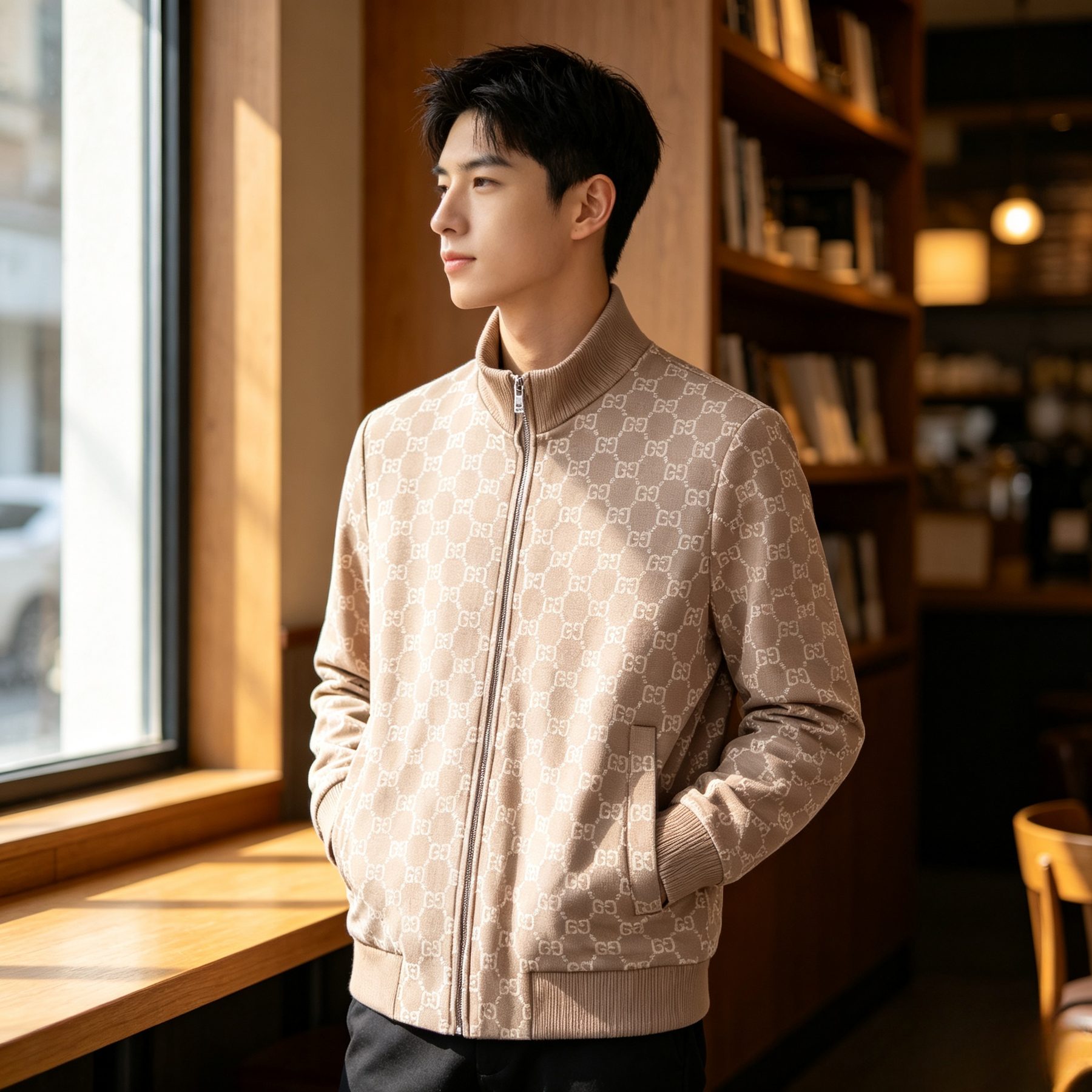 Gucci GG Monogram Jacquard Knit Baseball Collar Jacket