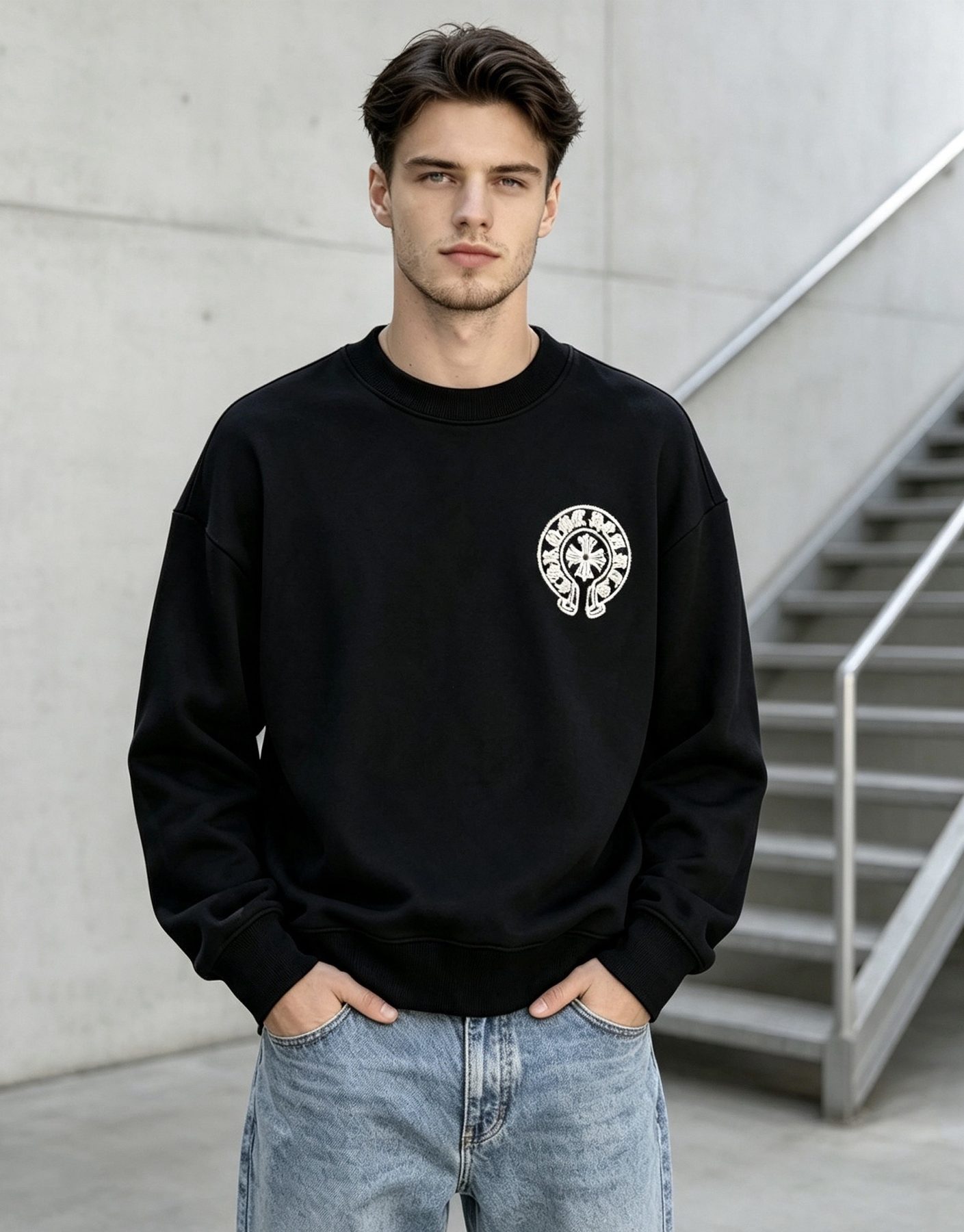 Chrome Hearts Horseshoe Scroll Embroidered Crewneck Sweatshirt
