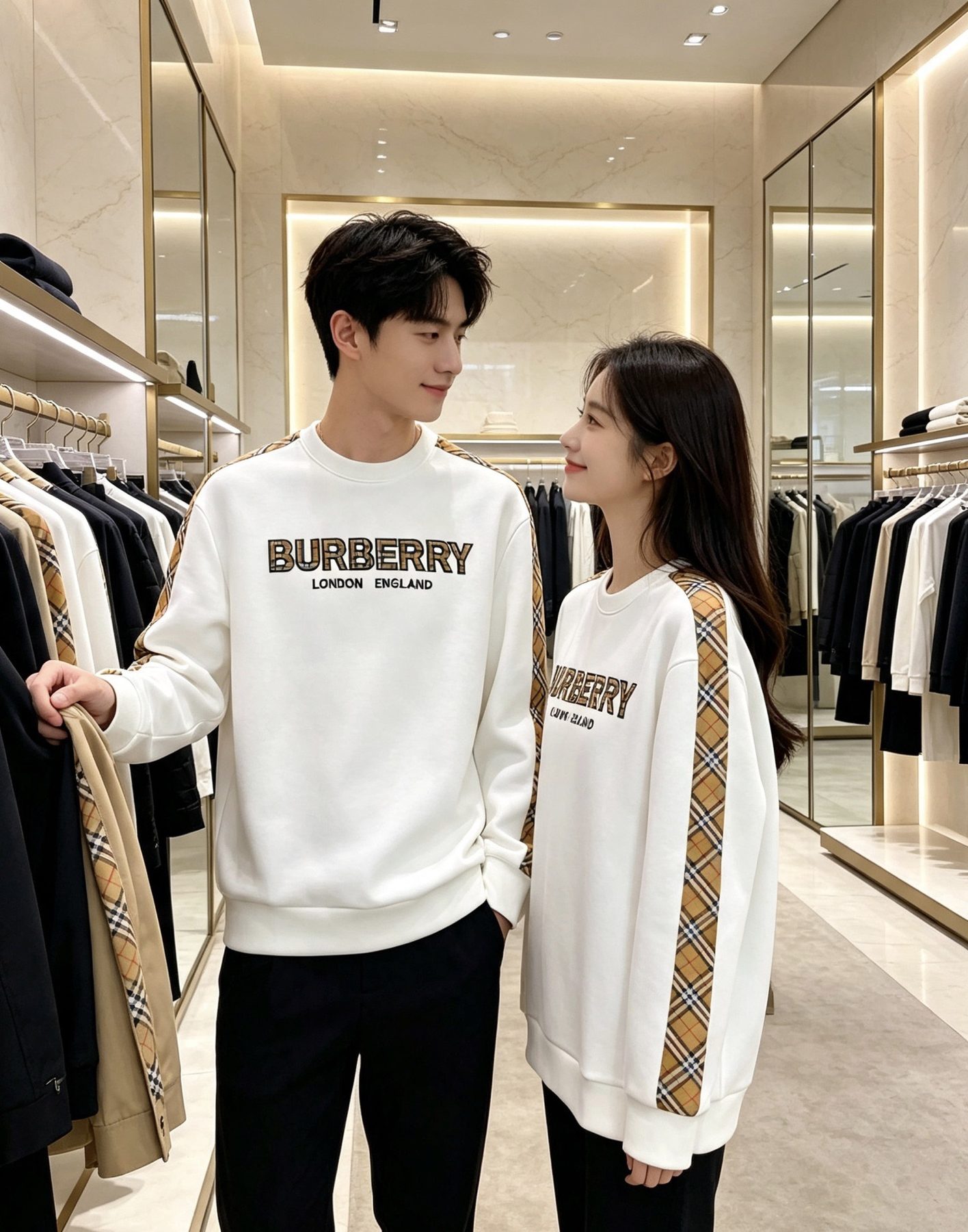 Burb*rry 26SS Check Letter Sleeve Crewneck Sweatshirt