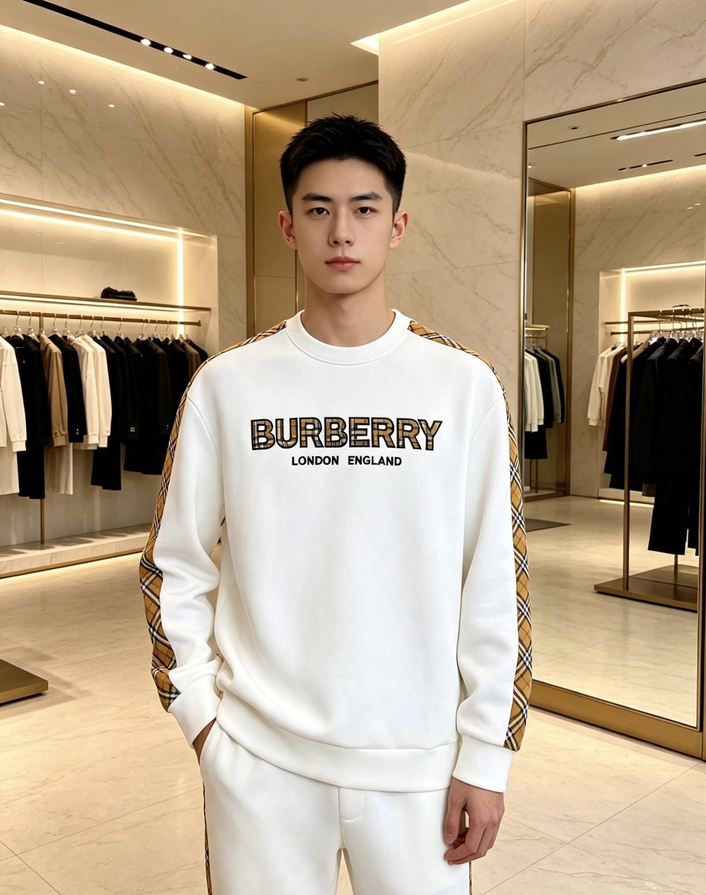 Burb*rry 26SS Check Letter Sleeve Crewneck Sweatshirt