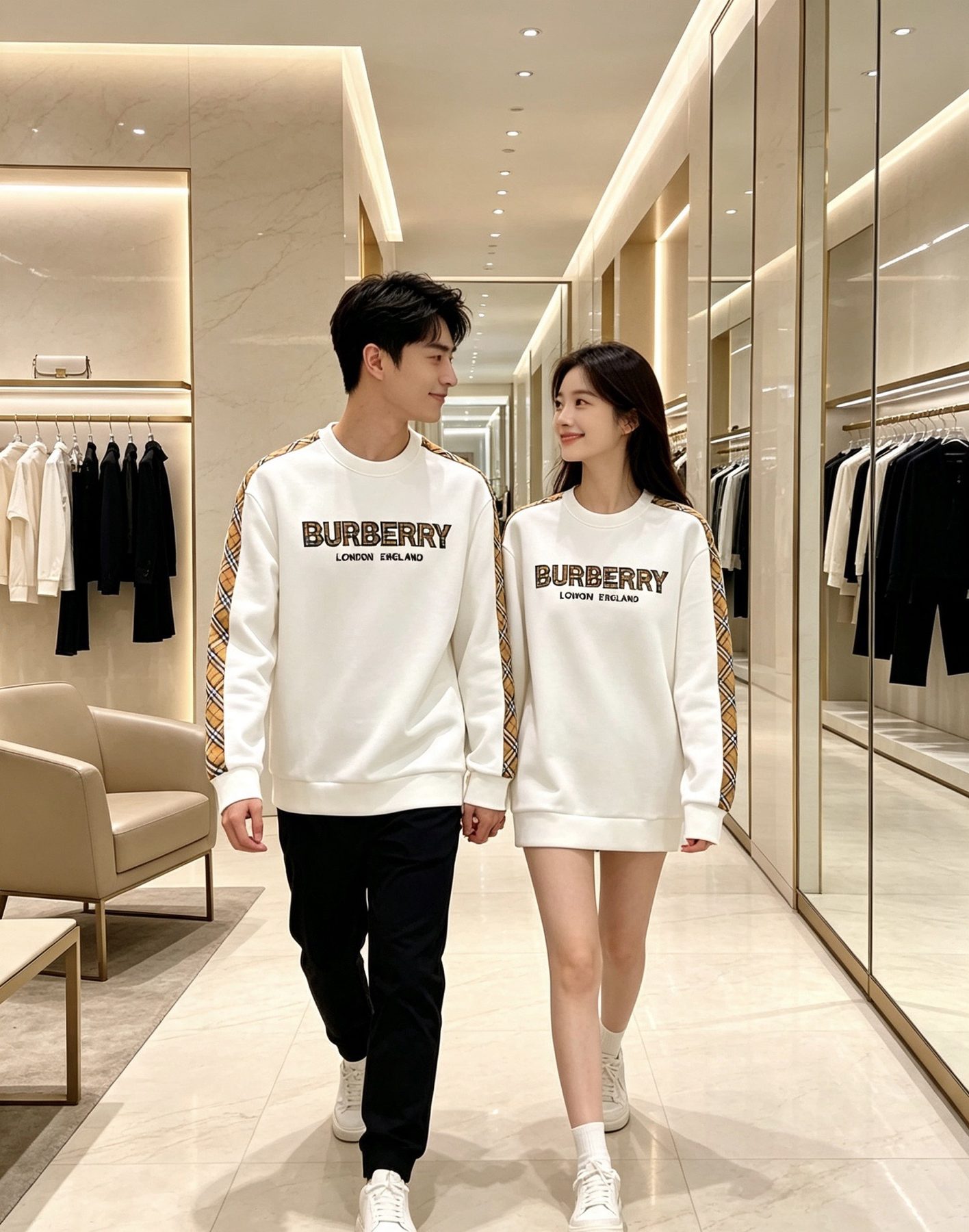 Burb*rry 26SS Check Letter Sleeve Crewneck Sweatshirt