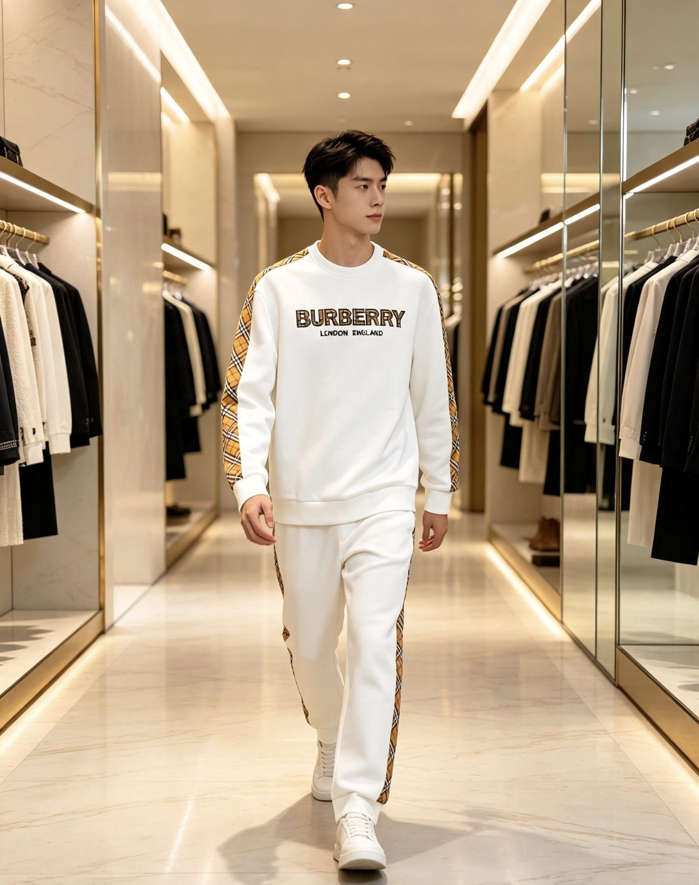 Burb*rry 26SS Check Letter Sleeve Crewneck Sweatshirt