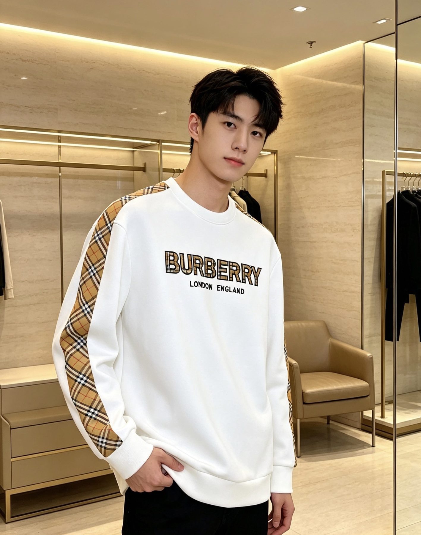Burb*rry 26SS Check Letter Sleeve Crewneck Sweatshirt