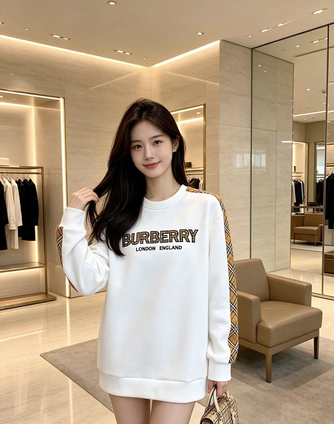 Burb*rry 26SS Check Letter Sleeve Crewneck Sweatshirt