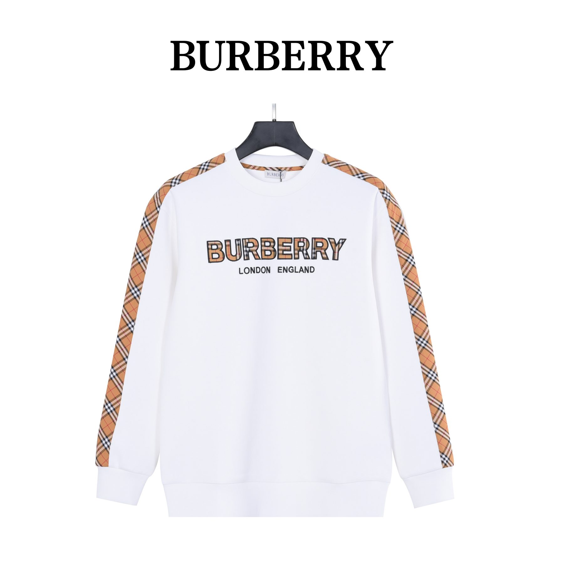 Burb*rry 26SS Check Letter Sleeve Crewneck Sweatshirt