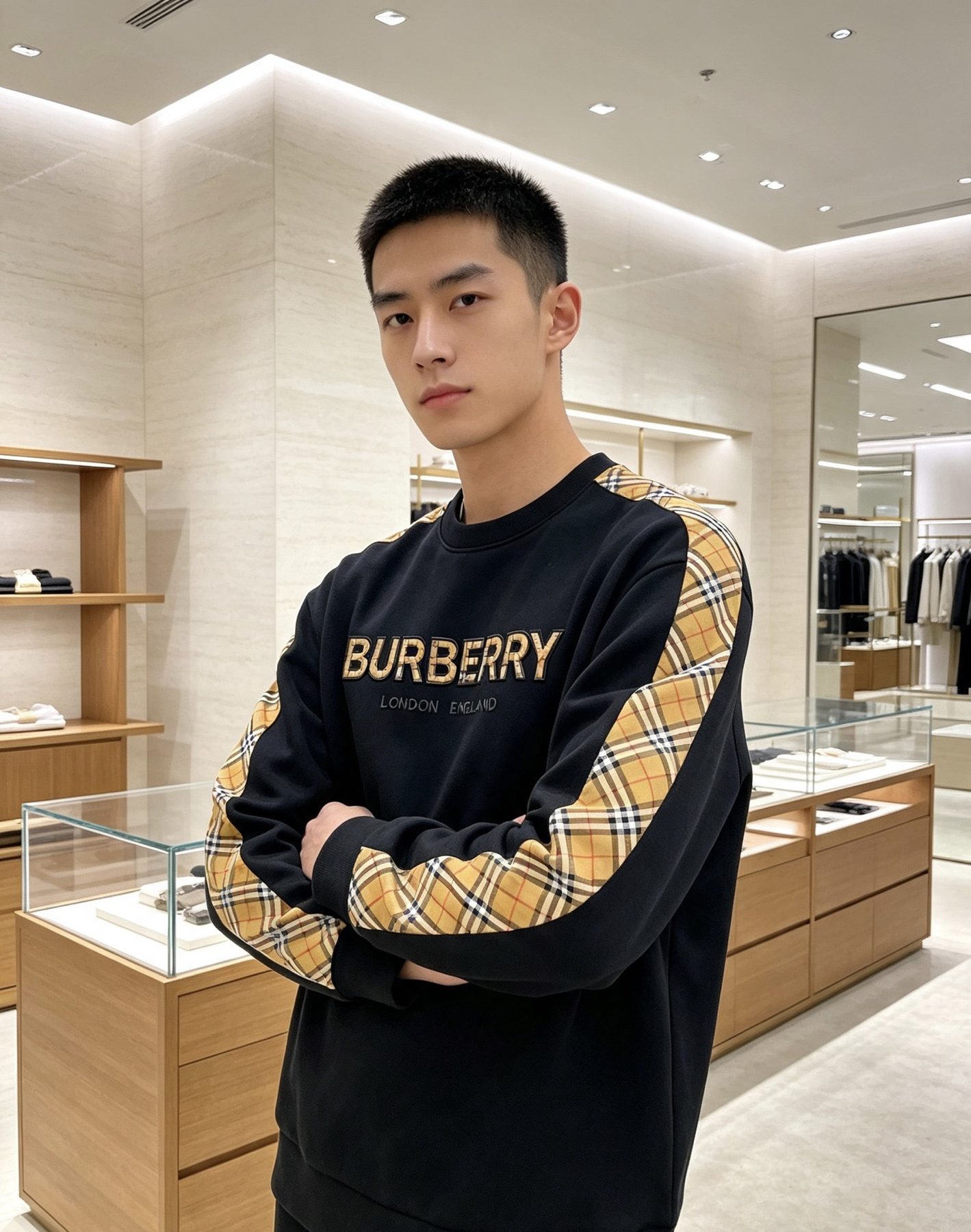 Burb*rry 26SS Check Letter Sleeve Crewneck Sweatshirt