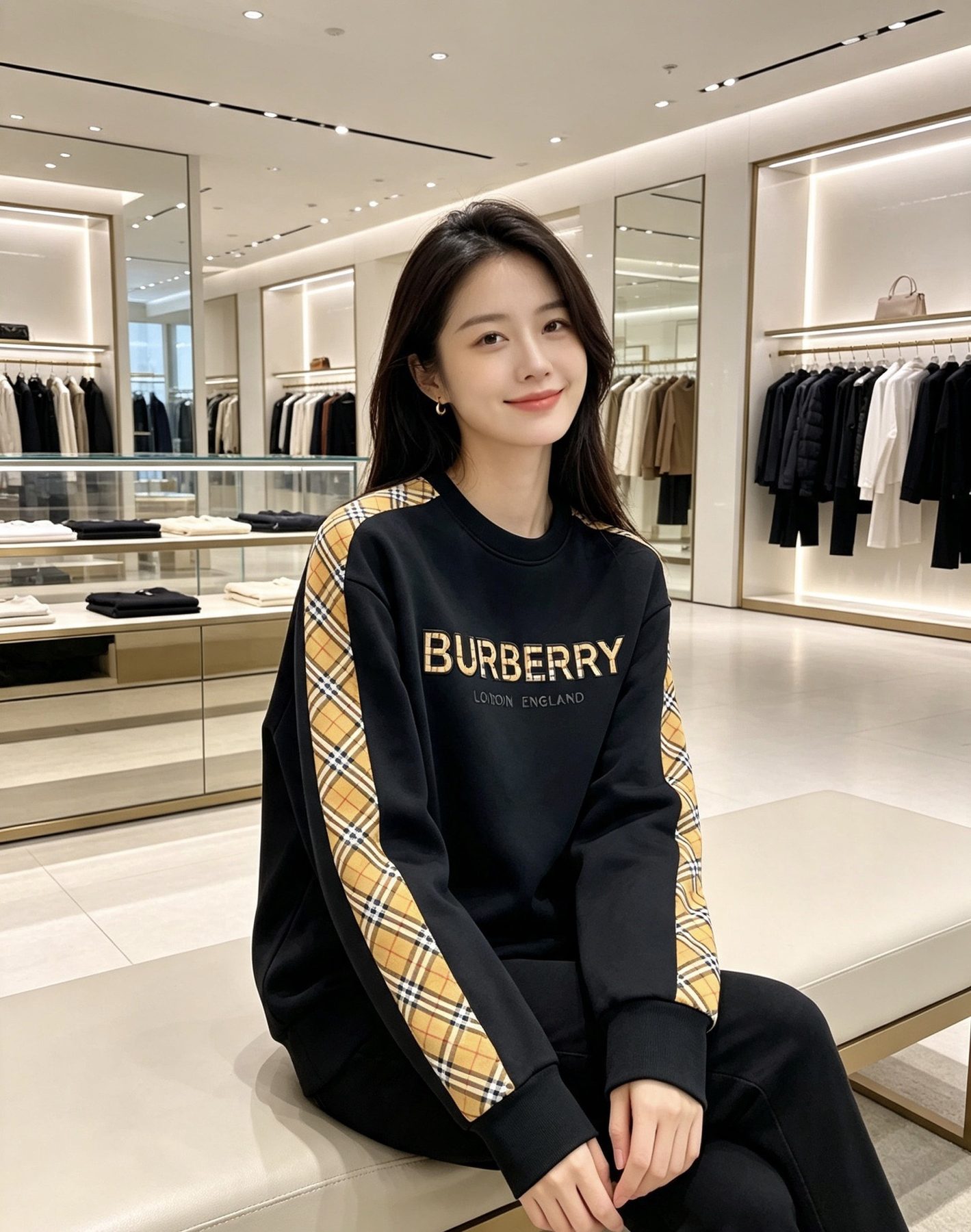 Burb*rry 26SS Check Letter Sleeve Crewneck Sweatshirt