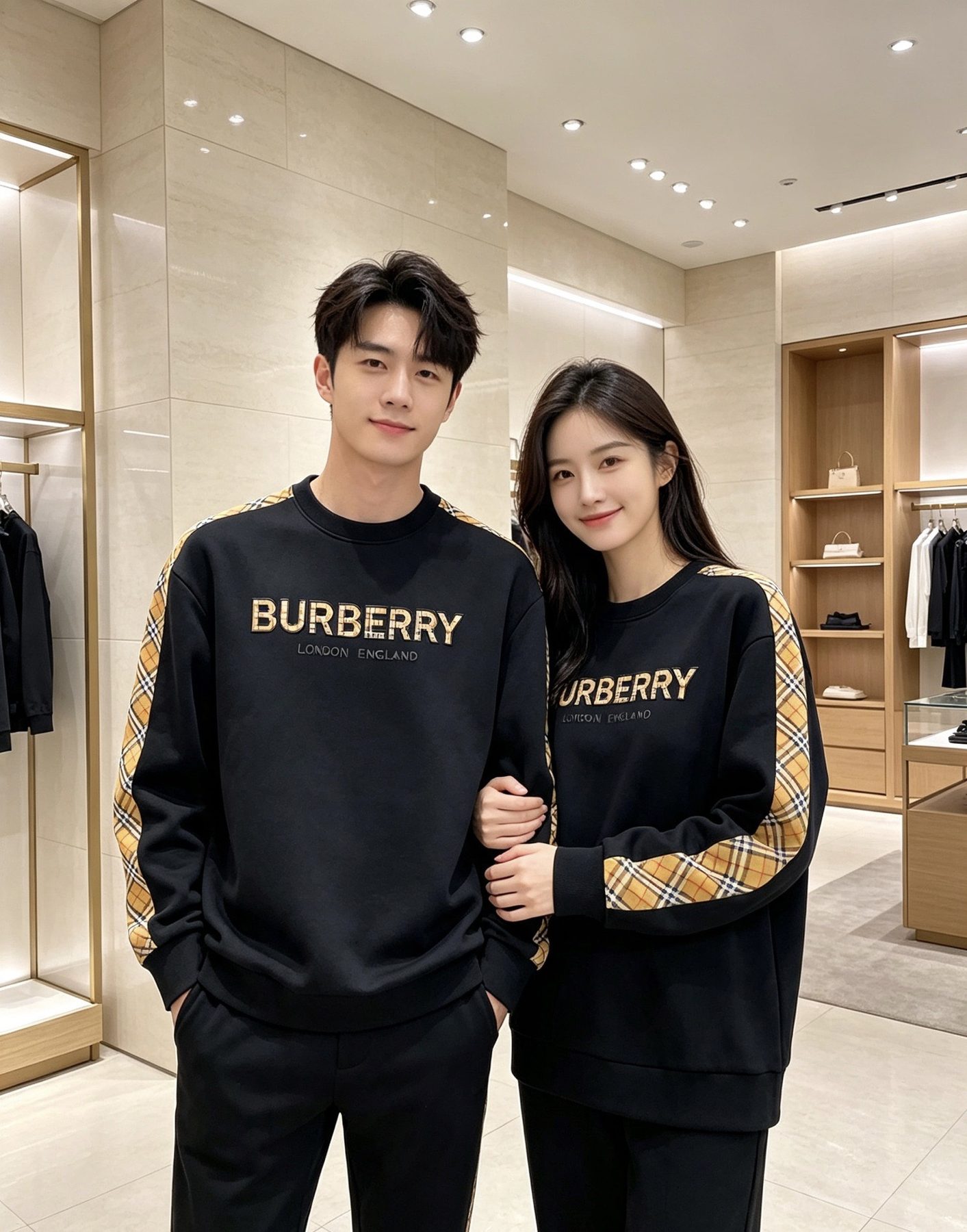 Burb*rry 26SS Check Letter Sleeve Crewneck Sweatshirt