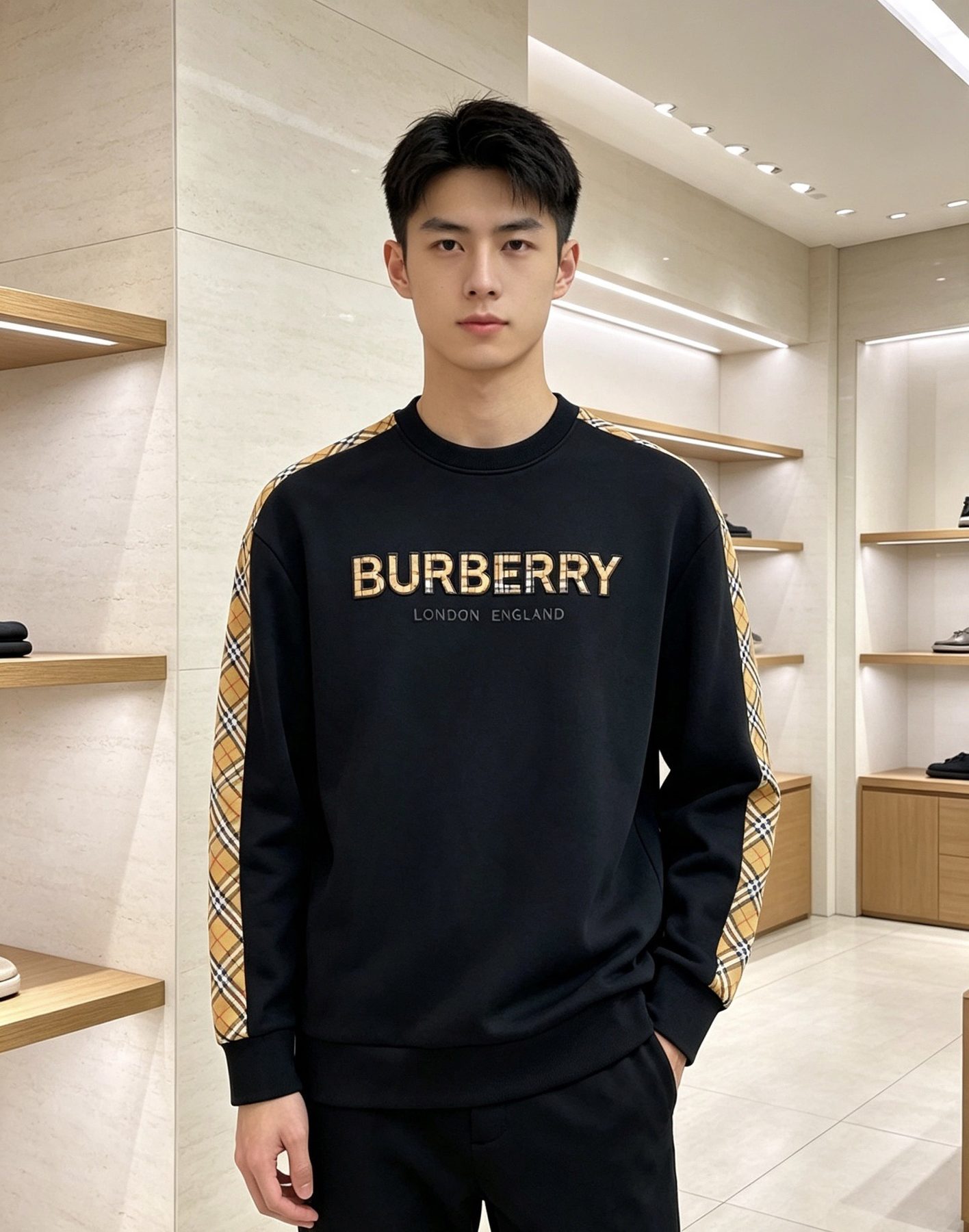 Burb*rry 26SS Check Letter Sleeve Crewneck Sweatshirt