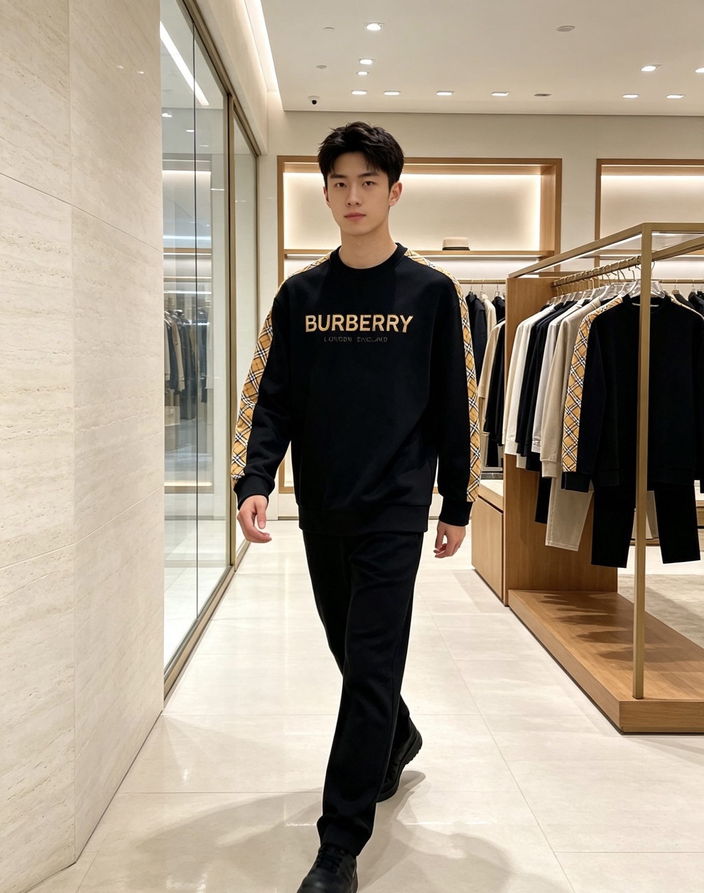 Burb*rry 26SS Check Letter Sleeve Crewneck Sweatshirt