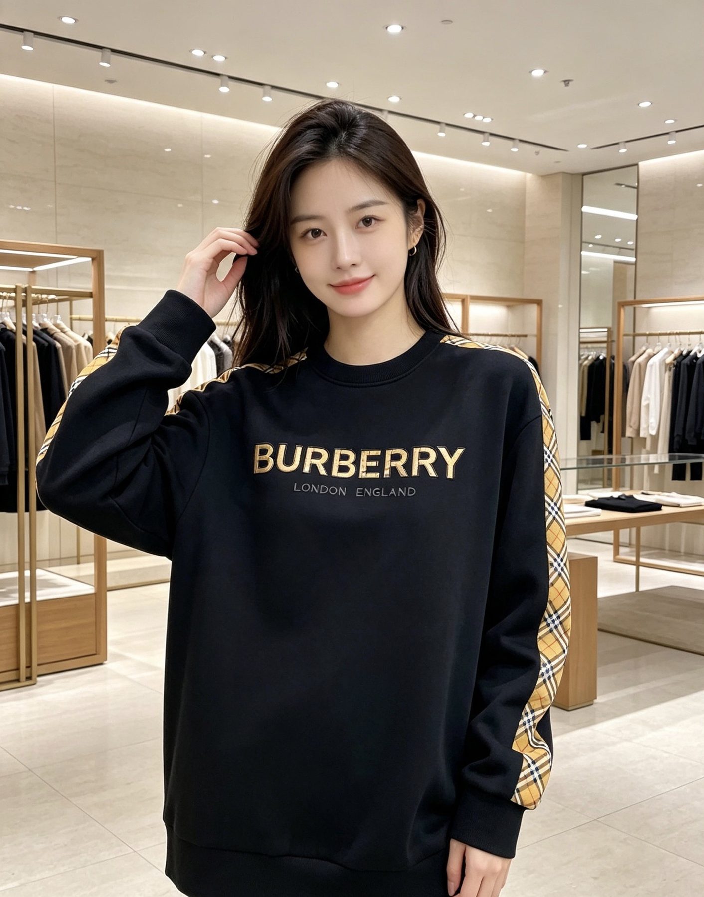 Burb*rry 26SS Check Letter Sleeve Crewneck Sweatshirt