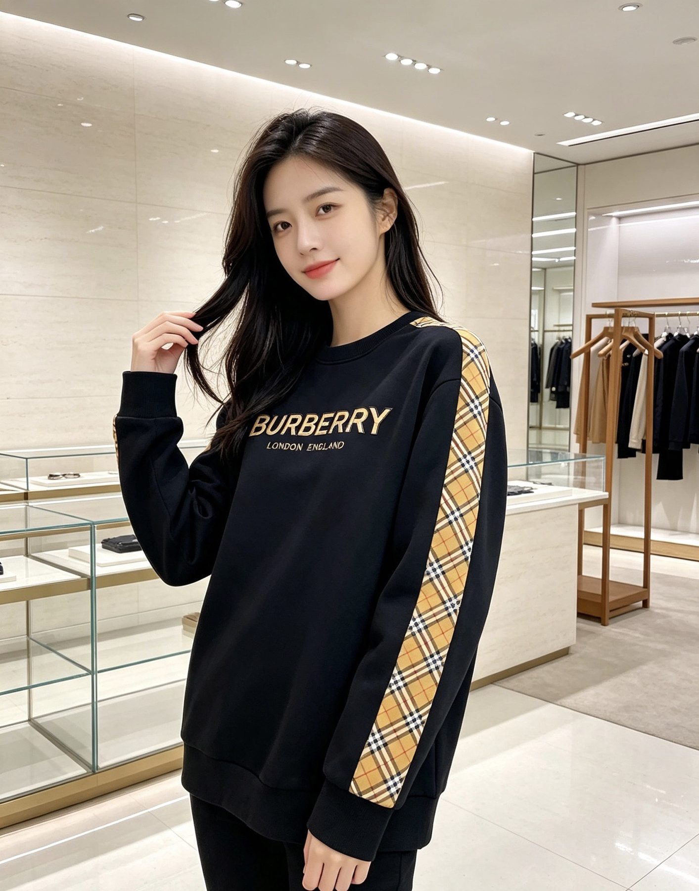 Burb*rry 26SS Check Letter Sleeve Crewneck Sweatshirt
