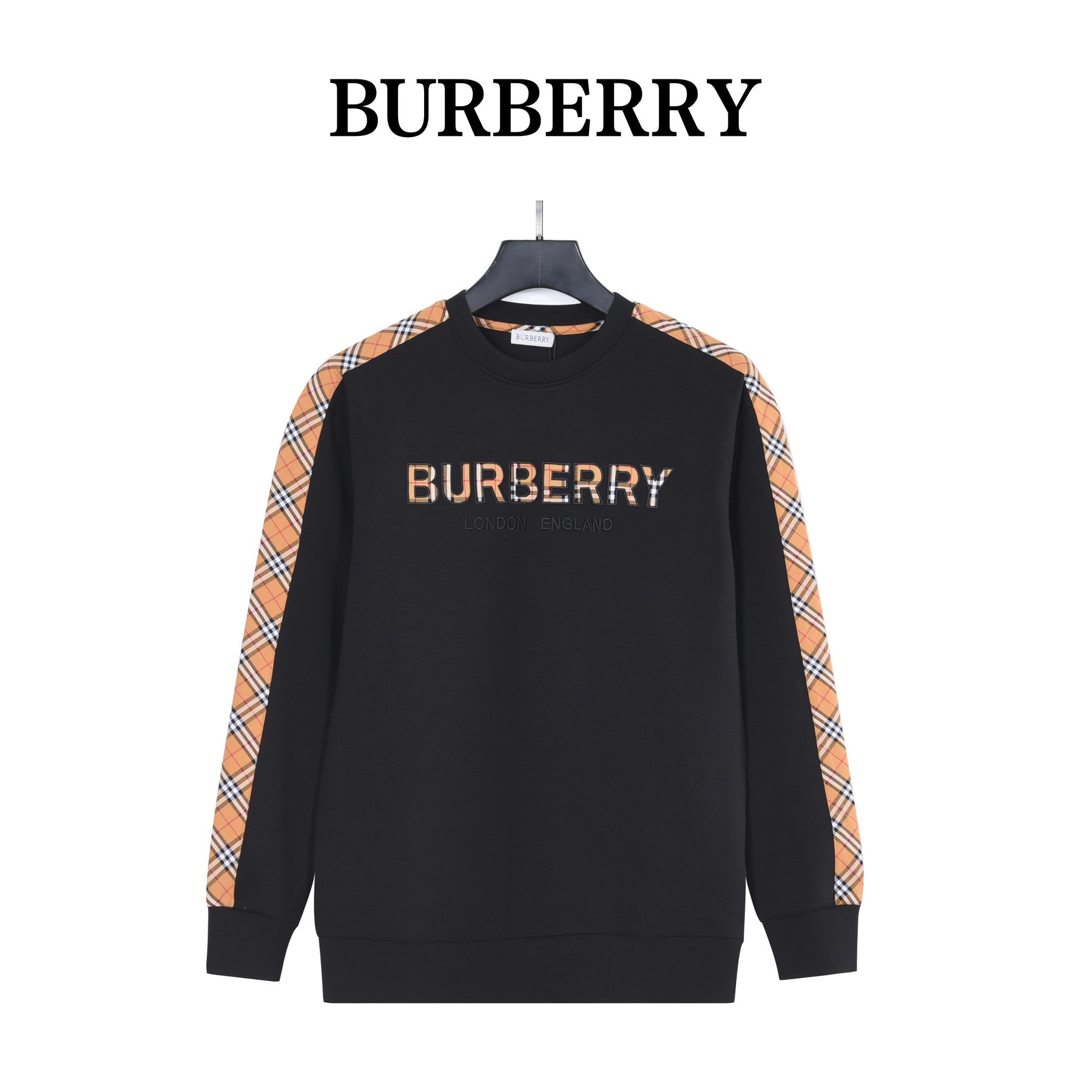 Burb*rry 26SS Check Letter Sleeve Crewneck Sweatshirt