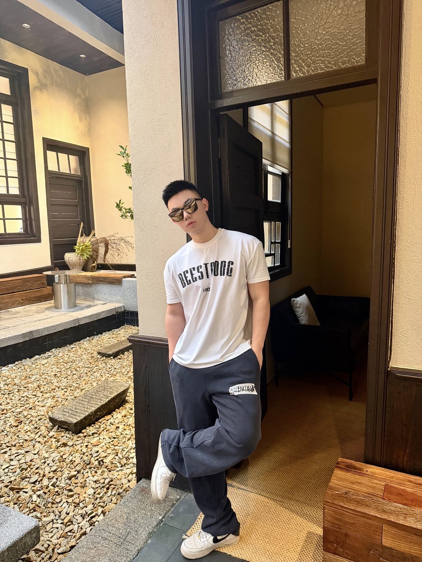 Balenci*ga Distressed Tape Logo Print Trousers