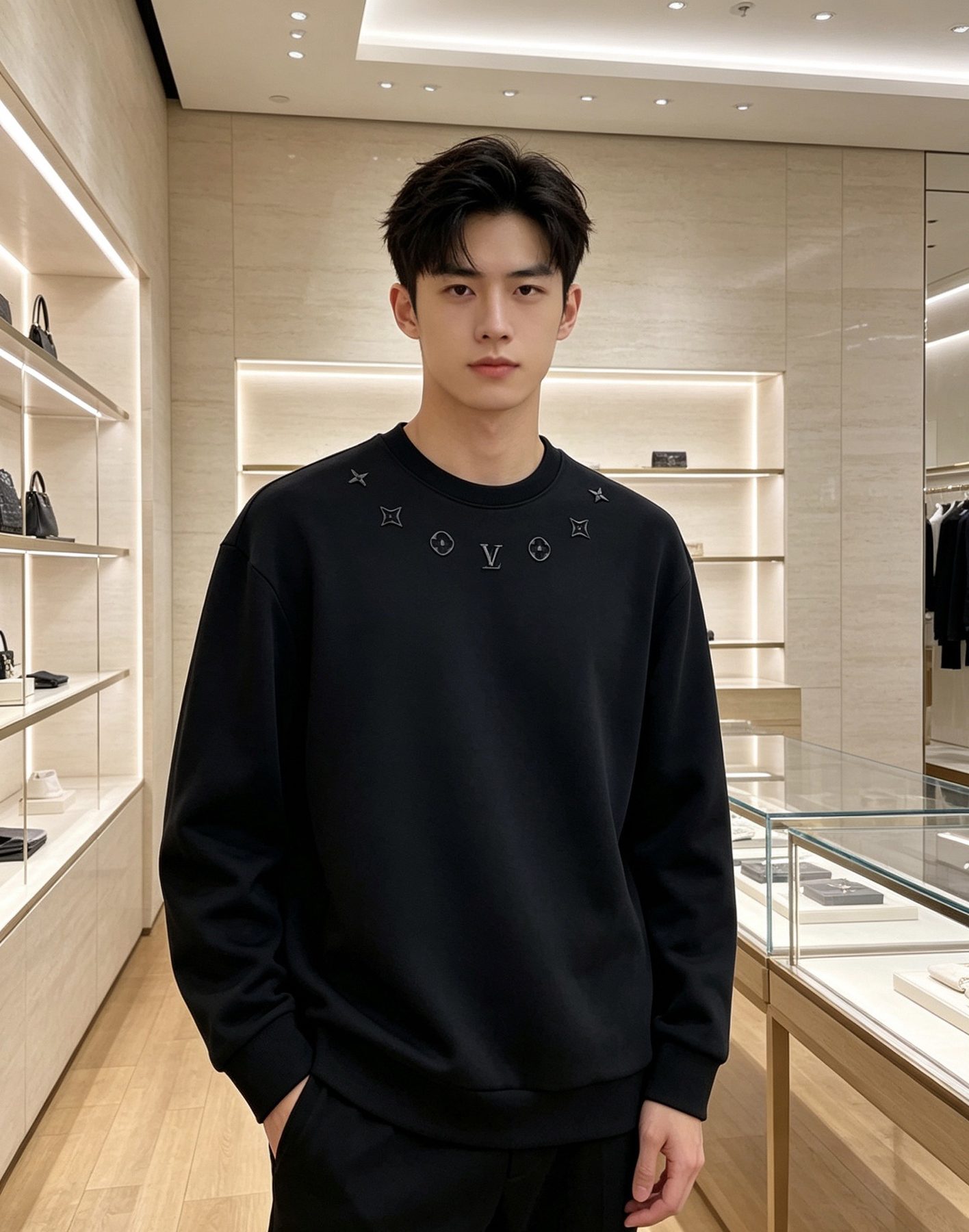 1V Embossed Monogram Collar Embroidered Crewneck Sweatshirt