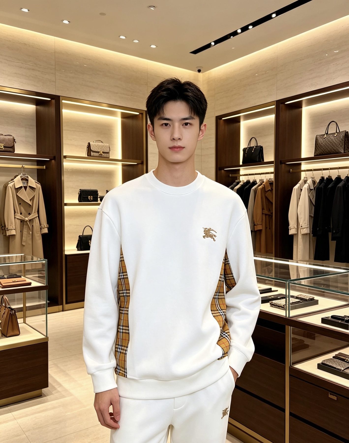 Burb*rry 26SS Equestrian Knight Embroidered Check Hem Crewneck Sweatshirt