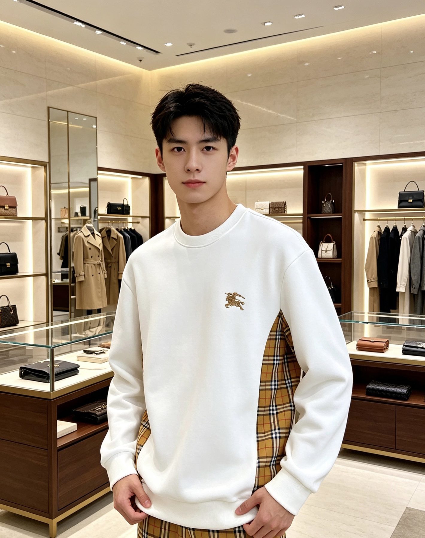 Burb*rry 26SS Equestrian Knight Embroidered Check Hem Crewneck Sweatshirt